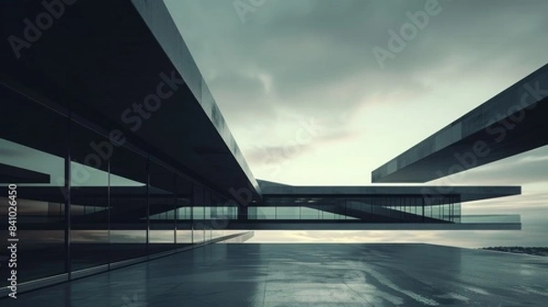 Fototapeta A large building with a glass facade and a cloudy sky in the background