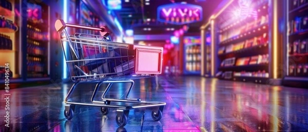 Fototapeta Shopping cart with neon colorful can be viewed in modern stores with copy space