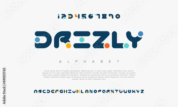 Fototapeta Drizly creative geometric modern urban alphabet font. Digital abstract futuristic, fashion, sport, minimal technology typography. Simple numeric vector illustration