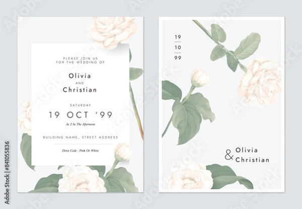 Obraz Wedding invitation template, white Jasminum sambac flowers on grey background