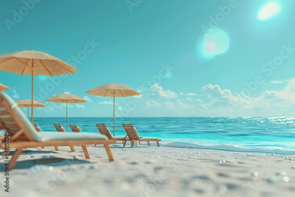 Fototapeta People relaxing and tanning at the beach, enjoying the sun, playing volleyball, and swimming