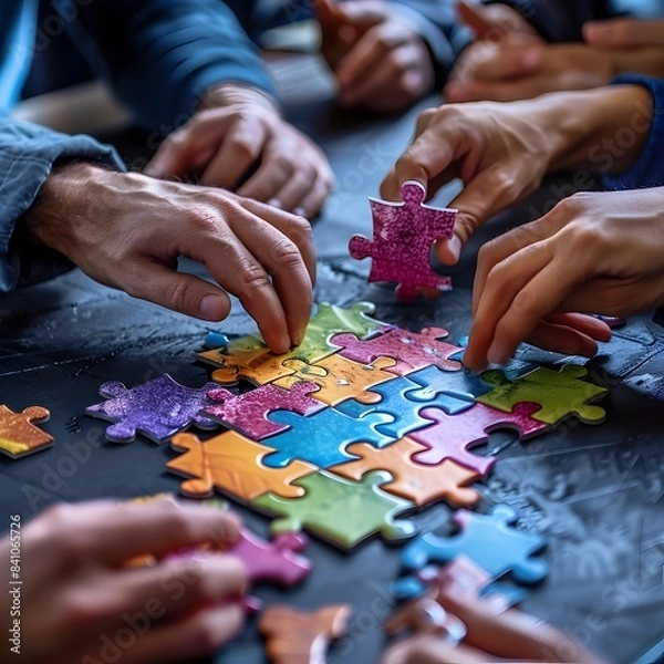 Fototapeta Colleagues Assembling Digital Puzzle of Diverse Market Sectors
