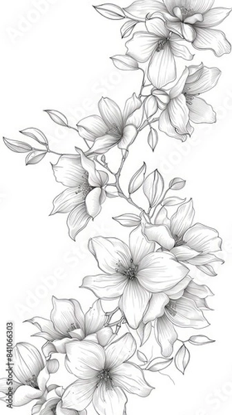 Fototapeta A delicate, black and white drawing of a graceful outline of orchids and magnolia flowers, wallpaper, card