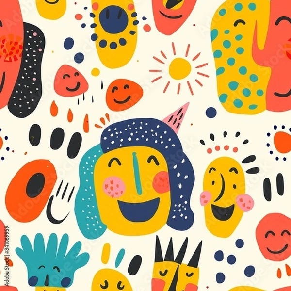 Obraz A playful depiction of happy faces, each one unique and full of happiness, surrounded by whimsical shapes and bright colors, capturing the innocent creativity of a kindergartener. Minimal pattern