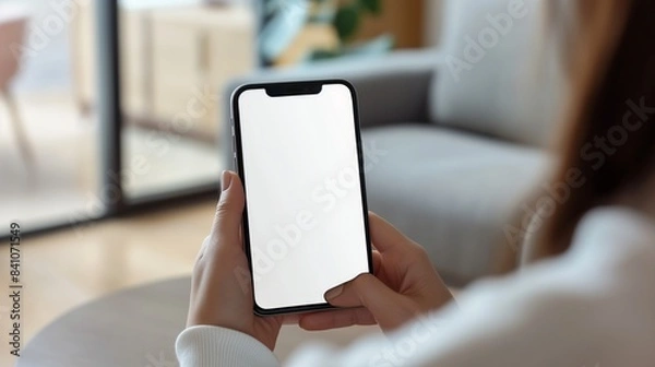 Fototapeta Mockup image of mobile smartphone with blank screen template, woman sitting on sofa, hand holding and looking at mobile phone screen