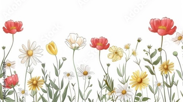 Obraz A delicate and whimsical illustration of a flower with daisies and poppies, wallpaper, card, copy space
