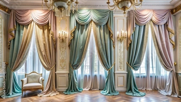 Fototapeta Elegant velvet drapes, soft pastel hues, and ornate golden accents evoke luxury, sophistication, and refinement in a lavish, high-end fashion setting, minus the model.