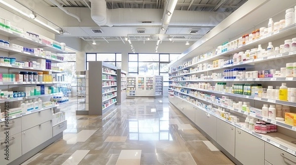Obraz A modern pharmacy with organized shelves offers a wide range of medications, ensuring a pleasant experience.