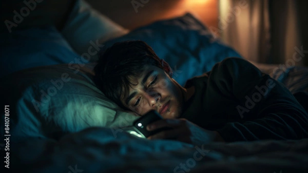 Fototapeta Engrossed in Phone Addiction: Man Lost in Blue Light of Doom Scrolling