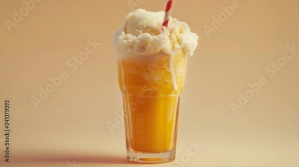 Fototapeta Orange Creamsicle Float, a vintage-style photograph. A tall glass filled with creamy vanilla ice cream, creating a foamy head. A red and white striped straw rests on the rim of the glass