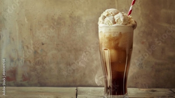 Fototapeta Root Beer Float, a vintage-style photograph. A tall glass filled with creamy vanilla ice cream, creating a foamy head. A red and white striped straw rests on the rim of the glass