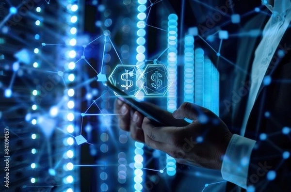 Fototapeta businessman multitasks with a smartphone and virtual money icon, symbolizing online business innovation, against a server room backdrop