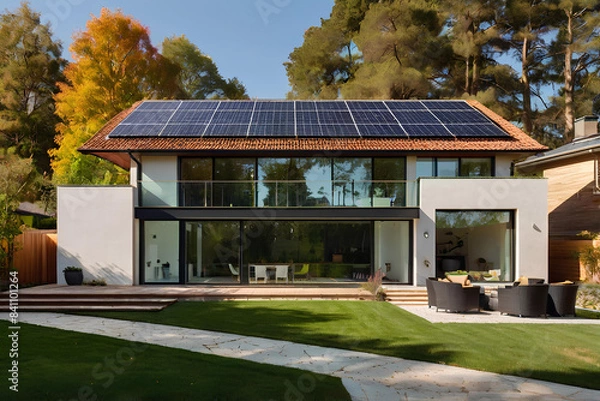 Fototapeta Modern house with solar panels installed on the roof. Alternative energy source. Created with generative AI