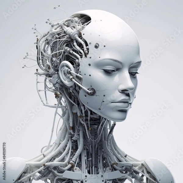 Obraz Futuristic android head, sleek, exposed wires, integrated nodes

