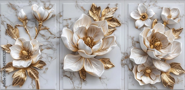Obraz 3D wallpaper with golden flowers, magnolia and leaves on a marble background. Luxury wall art design in white color with decorative elements