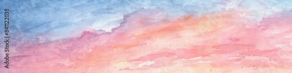 Fototapeta A soft, watercolor painting of a pastel pink and blue sunset sky with fluffy clouds, banner