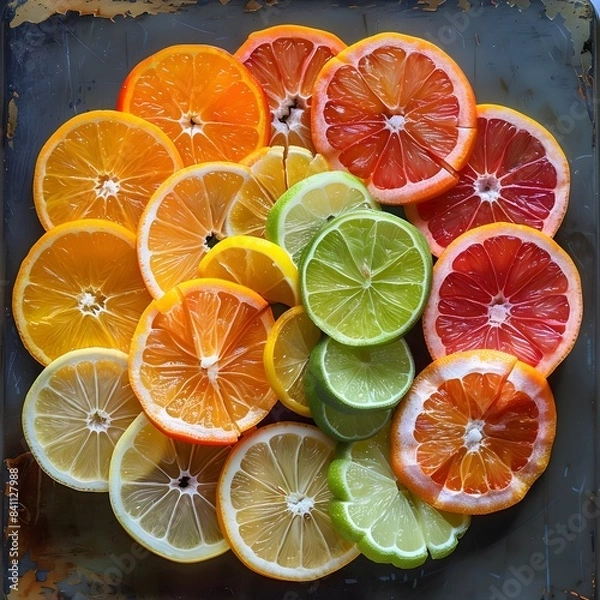 Fototapeta Vivid Citrus Slices Forming Dazzling Kaleidoscopic Pattern