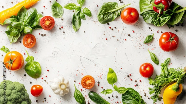 Fototapeta 葉野菜、トマト、ピーマンなどの野菜のフレーム背景