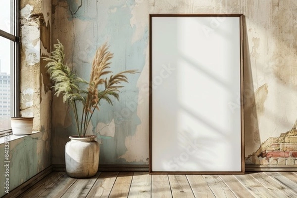 Obraz Poster frame mockup on wooden floor created with Generative AI