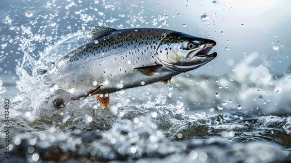 Fototapeta Close-up of salmon mid-leap, light background, water spray, isolated, sharp studio lighting, detailed scales