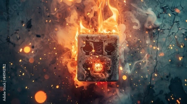 Fototapeta A smoking electrical socket with sparks shooting out, captured in a raw and gritty style, highlighting the danger and damage