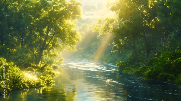 Fototapeta Sunbeams Over Serene River in Lush Forest