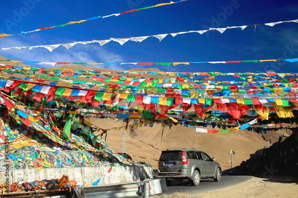 Fototapeta Prayer flags over Nachan La-Pass. Lhasa pref.-Tibet. 1451