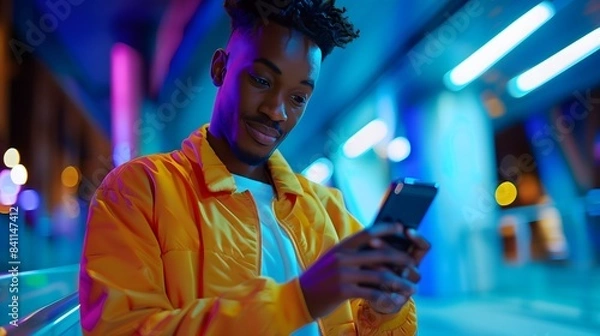 Fototapeta A man in a yellow jacket is looking at his cell phone. The image has a bright and cheerful mood, as the man is smiling while using his phone