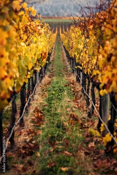Fototapeta Vines with Yellow Leaves in Vineyard