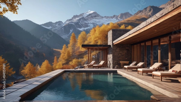 Fototapeta Mountain Spa Retreat: Rejuvenating at a Luxury Spa with Stunning Mountain Backdrops, Generative AI