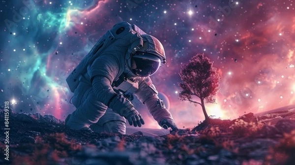 Fototapeta An astronaut in a futuristic suit planting a tree on a vibrant exoplanet, surrounded by distant nebulae and sparkling stars, representing new beginnings
