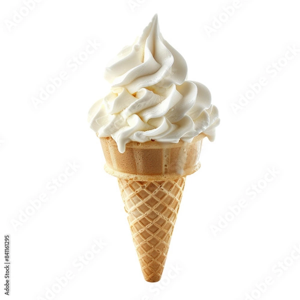 Obraz Close-up of a delicious vanilla soft serve ice cream in a crispy cone, isolated on a white background