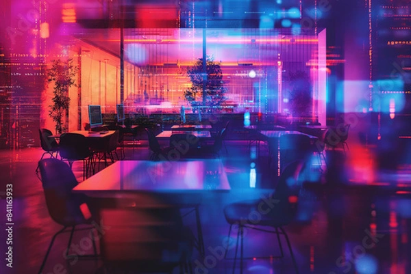 Fototapeta Modern neon cyberpunk open space office interior blurred with information technology overlay. Corporate strategy for finance, operations, marketing. Tables with computers for work. Technology