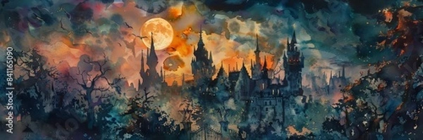 Fototapeta High-angle view of a spooky medieval castle, cloaked in shadows under a dark moonlit sky, eerie Halloween ambiance, watercolor painting, intricate details, haunting yet captivating