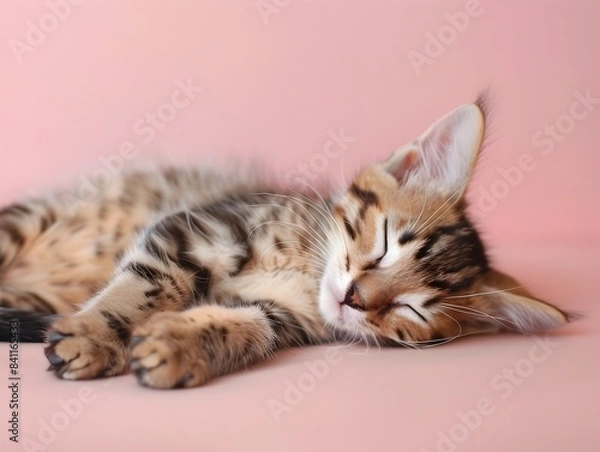 Obraz Sleepy Bengal Kitten Resting on Pastel Rose Colored Background