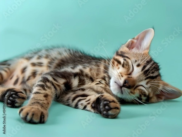 Obraz Cute Sleeping Bengal Kitten on Pastel Aqua Background