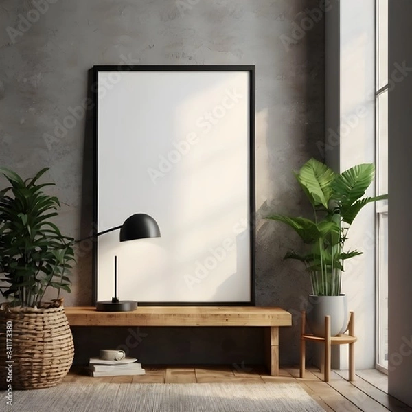 Fototapeta Mockup poster frame close up in interior background, 3d render.