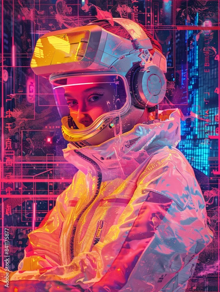 Fototapeta Synthwave Corruption: Digital Collage of Power's Corrupting Influence on a Misbehaving Character