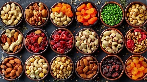 Fototapeta Assorted nuts and dried fruits collection, Perfect for healthy snacking