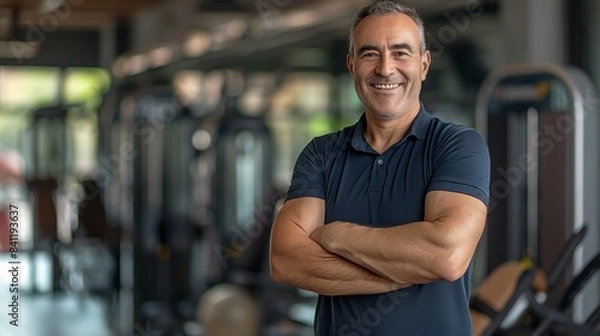 Fototapeta Smiling Fitness Trainer Cross Arm Pose at Modern Gym for Health and Fitness Promotion, Design for Print, Card, Poster, or Web Use