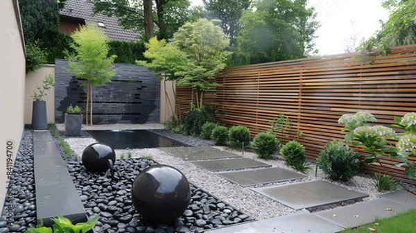 Obraz Modern minimalist garden design with stones, tiles, fountain, plants