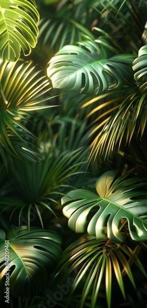 Fototapeta Close-up of lush green monstera leaves with sunlight filtering through the foliage, highlighting details and textures