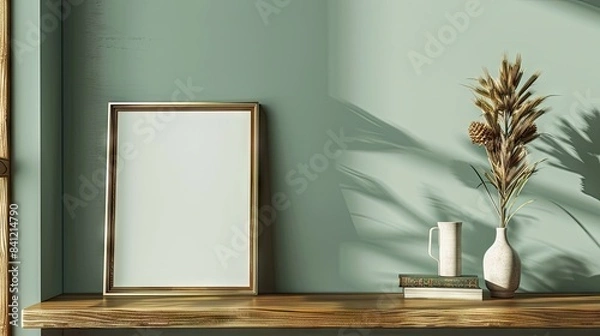 Fototapeta Bronze Frame on Wooden Bookshelf | Photo frame mockup
