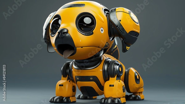 Fototapeta A robot dog or other animal pet toy with a surprised expression, a combination of 3D digital illustration and matte painting