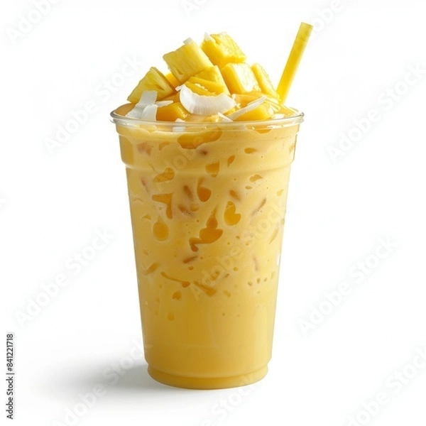 Fototapeta Tropical smoothie with pineapple, coconut and mango in a glass of water.