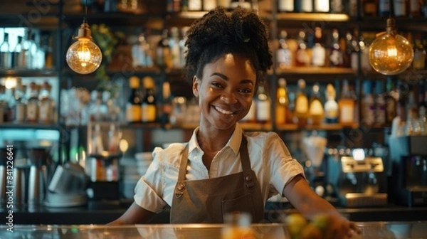 Fototapeta A bartender smiling at the camera, standing behind a bar