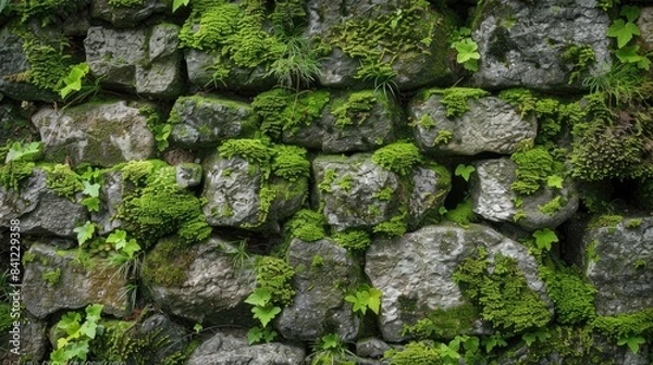 Obraz Moss covered stone walls with vegetation growing on them in a medium angle photograph suitable as a background with text or other graphics