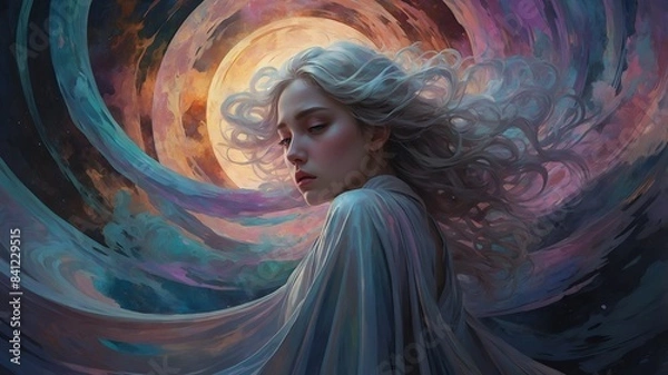 Fototapeta In a swirl of iridescent hues, a digital anime captures the essence of a transient emotion known as Celestial Melancholy