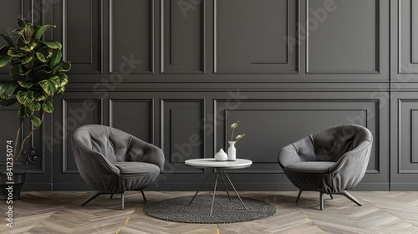Obraz Two grey lounge chairs and round coffee table against grey paneling wall. Home interior design.