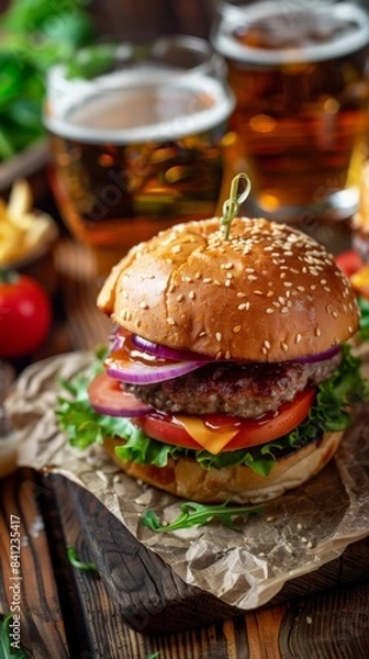 Fototapeta Hamburger and beer on table classic staple food pairing